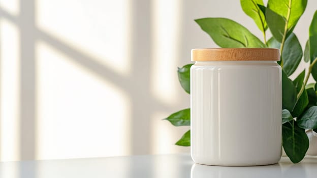 Reusable glass container, with wooden lid. Around the container are fresh green leaves, symbolizing naturalness and environmental friendliness. Soft white surface with natural sunlight