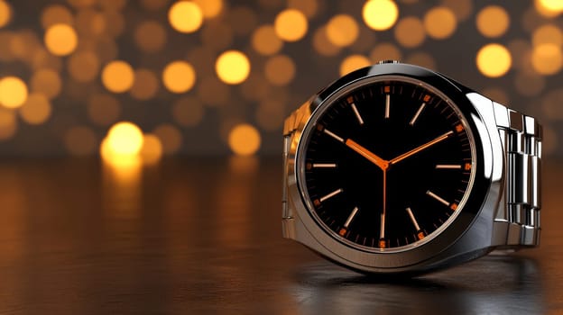 A watch with a steel-colored metal strap on a table with flickering lights in the background