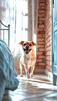A medium-sized puppy runs around the apartment with a satisfied expression on his face