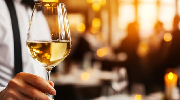 hand with a glass of white wine against the elegant backdrop of the restaurant with soft candlelight adding a sense of luxury and sophistication.