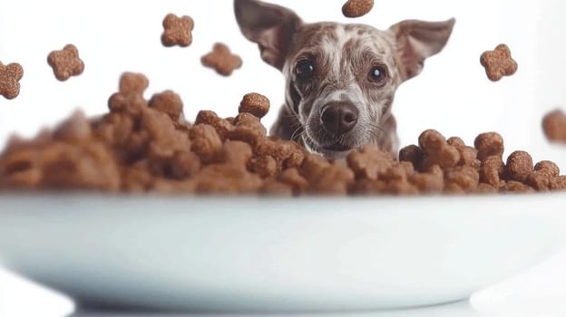 Spotted dog looking at falling dog food on plate on white background