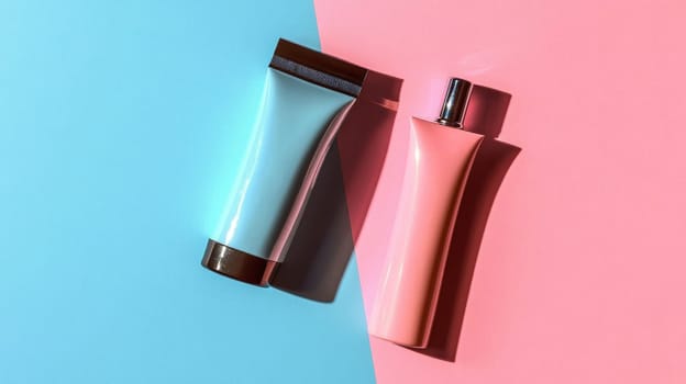 containers for cosmetic products on a blue and pink background .