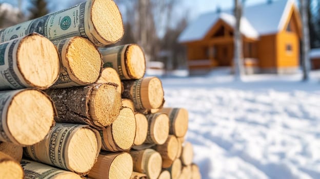A stack of firewood, but each log has a pattern similar to dollar bills. The concept of expensive heating in winter.In the background there is a snow-covered yard with a house in the distance