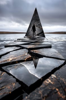 The silhouette of a man against the background of black split black marble with veins. Images bordering on surrealism
