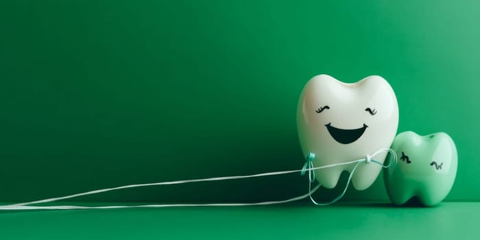 Porcelain tooth figurine holding dental floss .copy space