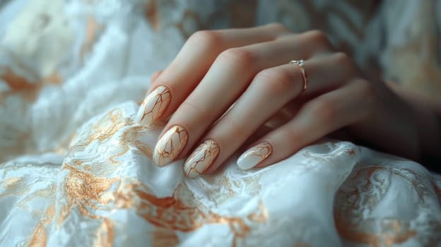 White and Gold Marble Effect Nails, Minimalist Style, Light Base Background, One Perfect Hand