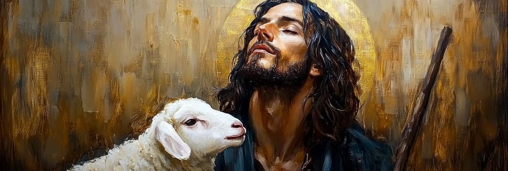 Saint John the Baptist, holding a shepherd's staff and holding a white lamb on one shoulder. AI generative.