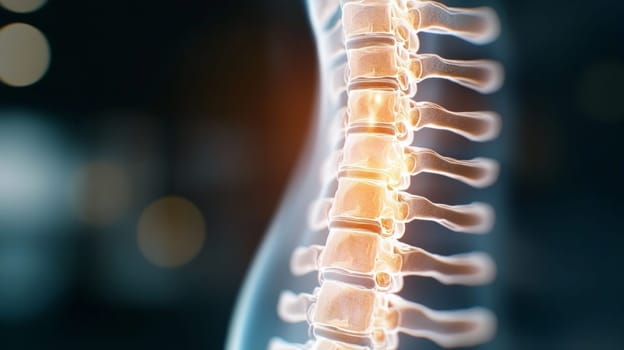 A detailed etheric image of the spine of a person whose vertebrae glow yellow, symbolizing back pain. The image emphasizes the selected area, creating a visual representation of the discomfort.