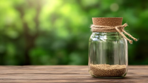a glass jar with cereals and a cork lid, wrapped in natural jute rope. The jar stands on a wooden surface surrounded by green plants