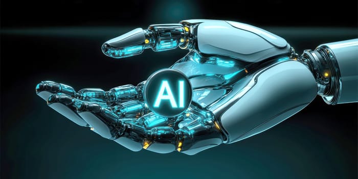 robot hand gently holding an 'AI' logo in its palm. AI generative.