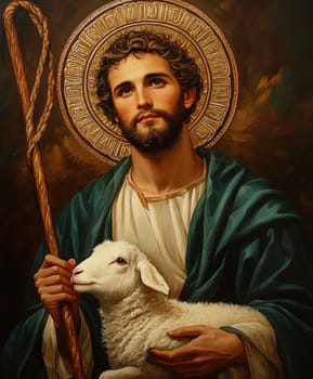 Saint John the Baptist, holding a shepherd's staff and holding a white lamb on one shoulder. AI generative.