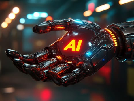 robot hand gently holding an 'AI' logo in its palm. AI generative.