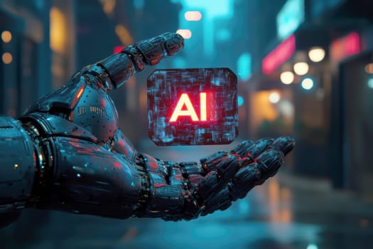 robot hand gently holding an 'AI' logo in its palm. AI generative.