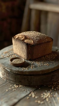 A rustic loaf of bread lying on a wooden table. AI generative.