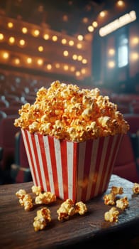 freshly popped popcorn in a cinema. AI generative.