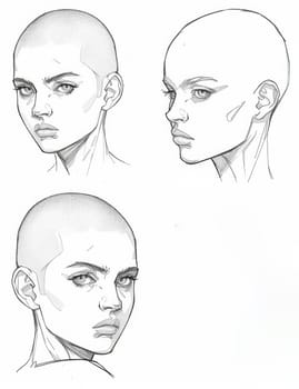 Simple linear head pattern, hair shaved on top and sides. The woman has black eyes and dark eyebrows.