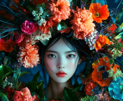 Portrait of a woman in avant-garde dress and integrated flowers, AI generative.