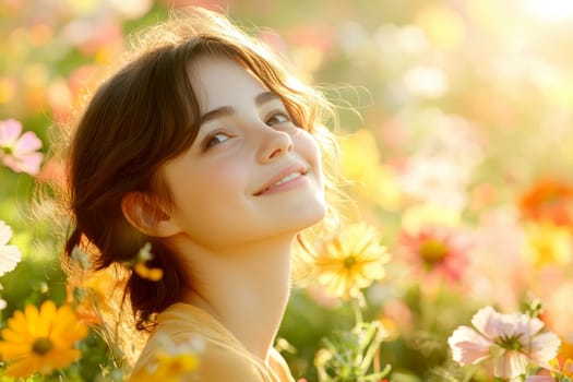 A positive, smiling girl sitting on a sunlit meadow . AI generative.
