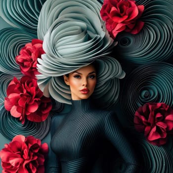 Portrait of a woman in avant-garde dress and integrated flowers, AI generative.