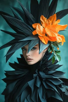 Portrait of a woman in avant-garde dress and integrated flowers, AI generative.