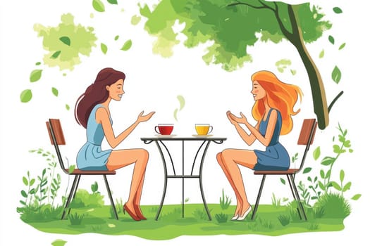 modern tea garden talking women, simple illustration style. AI generative.