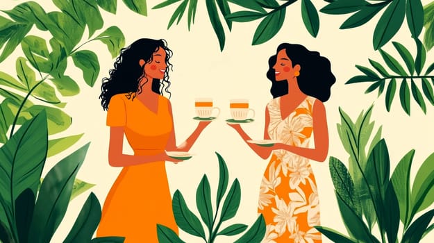modern tea garden talking women, simple illustration style. AI generative.