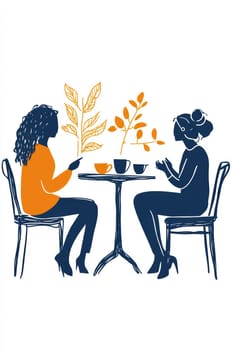 modern tea garden talking women, simple illustration style. AI generative.