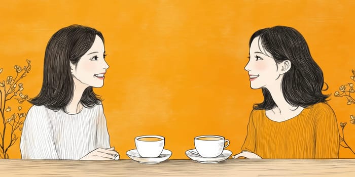 modern tea garden talking women, simple illustration style. AI generative.