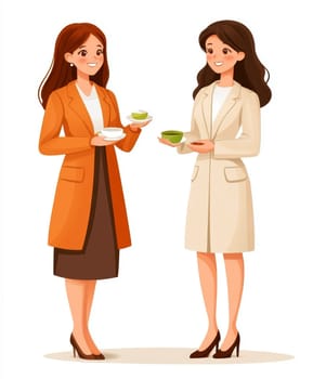 modern tea garden talking women, simple illustration style. AI generative.