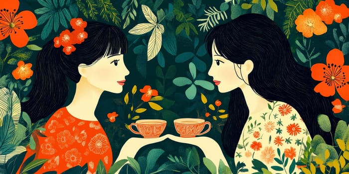 modern tea garden talking women, simple illustration style. AI generative.