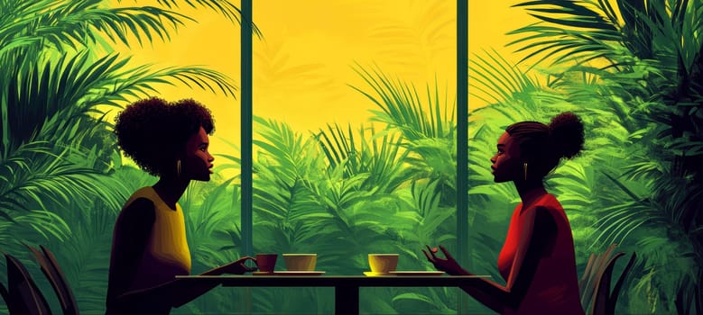 modern tea garden talking women, simple illustration style. AI generative.