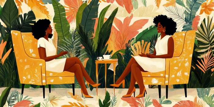modern tea garden talking women, simple illustration style. AI generative.