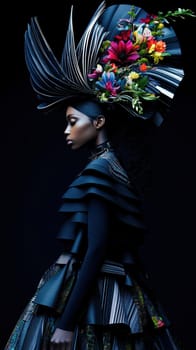 Portrait of a woman in avant-garde dress and integrated flowers, AI generative.