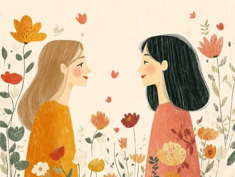 modern tea garden talking women, simple illustration style. AI generative.