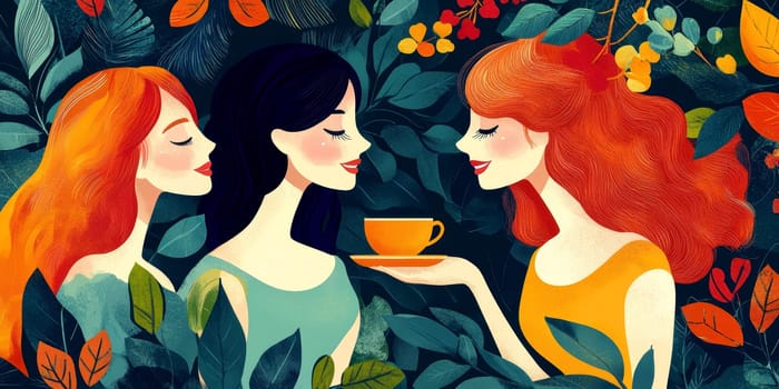 modern tea garden talking women, simple illustration style. AI generative.
