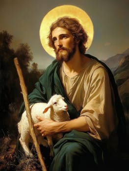 Saint John the Baptist, holding a shepherd's staff and holding a white lamb on one shoulder. AI generative.