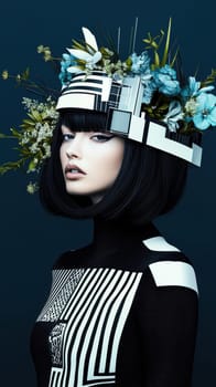 Portrait of a woman in avant-garde dress and integrated flowers, AI generative.