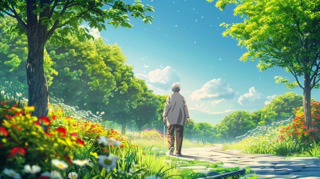 An elderly man walks through a beautiful park surrounded by fresh greenery and flowers, enjoying the fresh air and nature