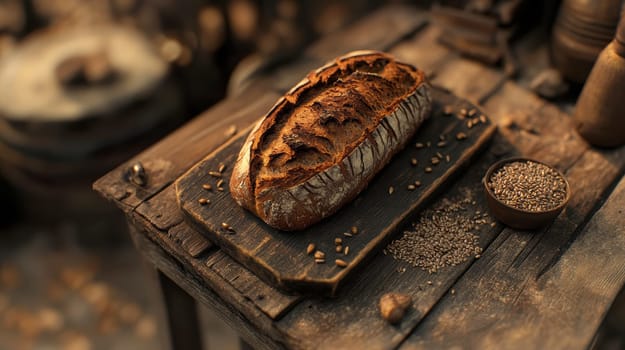 A rustic loaf of bread lying on a wooden table. AI generative.