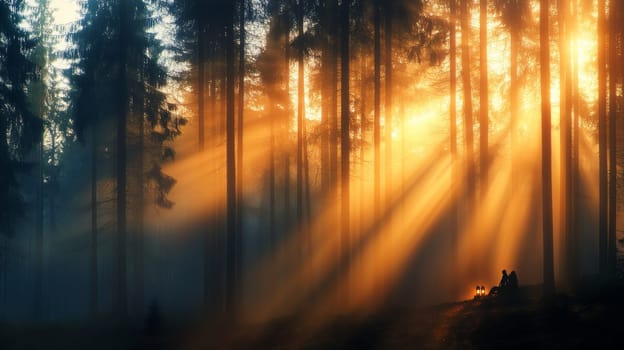 A lone figure sits in the middle of a dark forest with a lantern in his hands, surrounded by tall trees from behind which the sun rises.