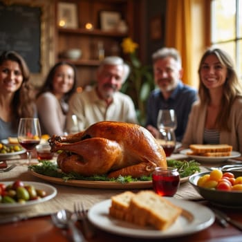 A golden roast turkey takes center stage on a festive table with a multi generational family smiling in the background, capturing the warmth of a Thanksgiving celebration.