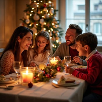 Happy family of four enjoying festive meal at decorated table with Christmas tree in background, candles creating warm atmosphere.