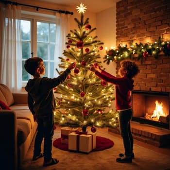 Two young children reaching up to hang red ornaments on a lit Christmas tree in a cozy living room with fireplace and festive decorations.