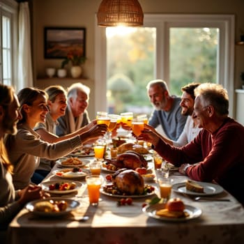 Multi generational family raising glasses in toast at Thanksgiving dinner table, warm lighting and roasted turkey in foreground, embodying togetherness and gratitude.