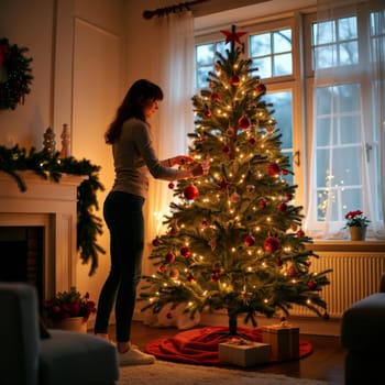 Young woman hanging ornaments on a illuminated Christmas tree in a warm, festive living room with fireplace and gifts, creating holiday atmosphere.