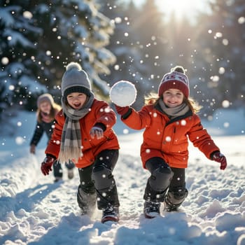 Two excited children in bright orange jackets running through falling snow, holding snowballs and laughing, with snow covered trees in the background.