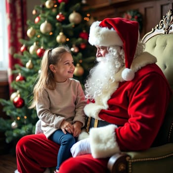 A joyful little girl sits on Santa's lap near a decorated Christmas tree, both smiling warmly, creating a magical holiday atmosphere filled with wonder and excitement.