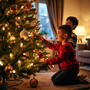 Two young boys eagerly decorating a Christmas tree with colorful ornaments, capturing the magic and excitement of holiday preparations.