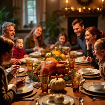 A multigenerational family gathers around a table for a traditional Thanksgiving feast, with a roasted turkey as the centerpiece, in a warm and cozy home setting.