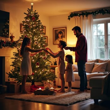Warm family moment as parents and children decorate illuminated Christmas tree in cozy living room, creating holiday atmosphere with ornaments and lights.